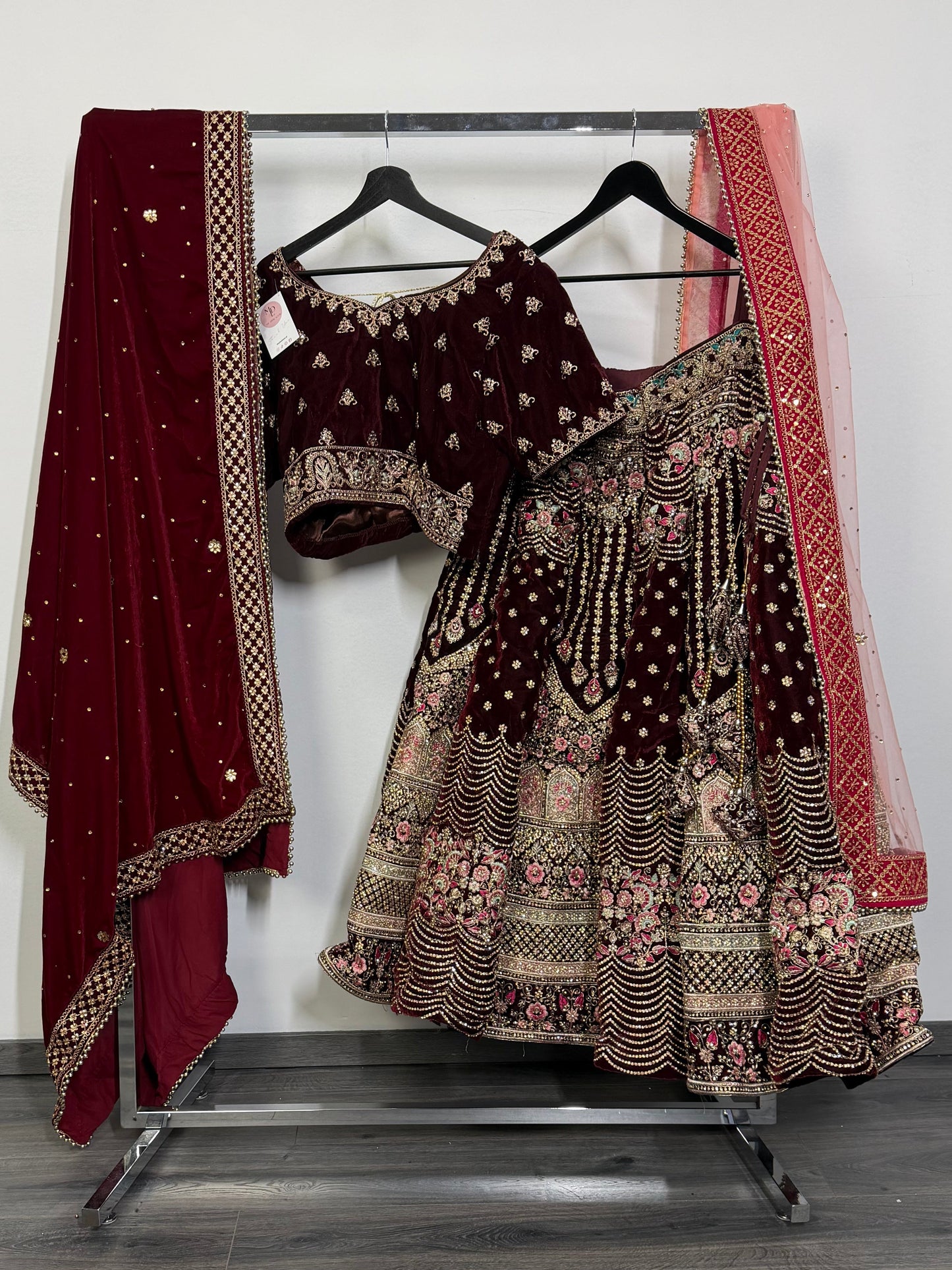 Maroon Velvet Embroidered Lehenga