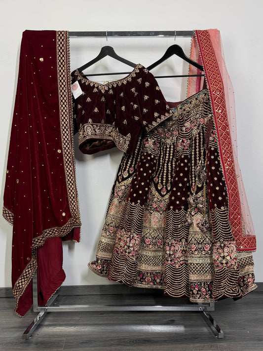 Maroon Velvet Embroidered Lehenga