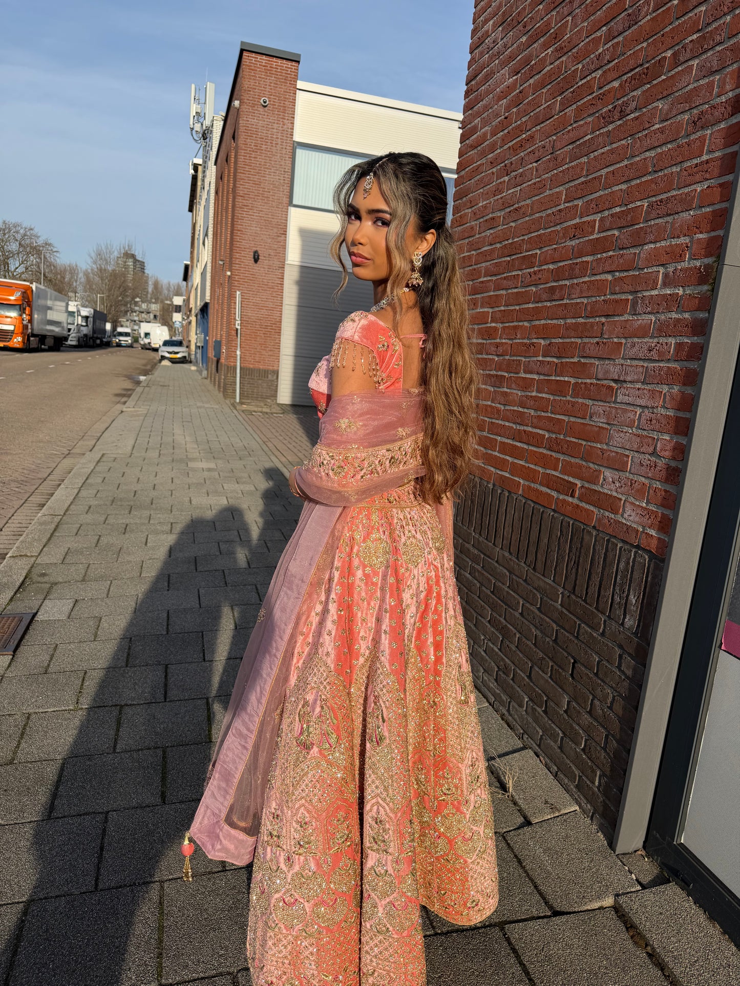 Perzik-roze Velvet Embroidered Lehenga