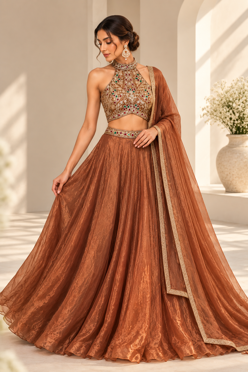 Aarohi Copper Lehenga met Embellished Halter Blouse