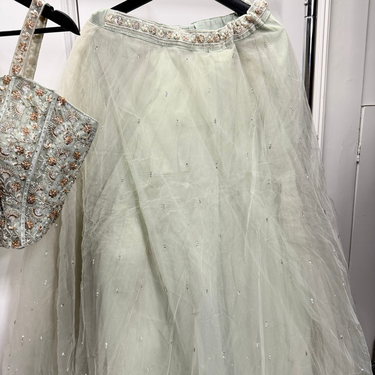 Ayla Sage Green Lehenga met Sparkle Details & Dupatta