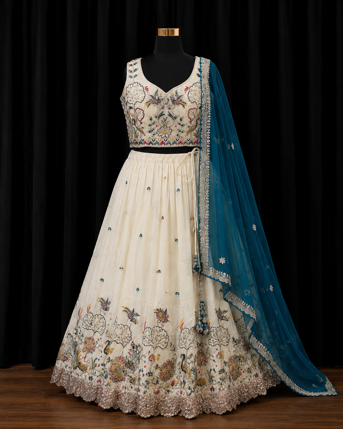 Ivory Floral Party Wear Lehenga met Blauwe Dupatta