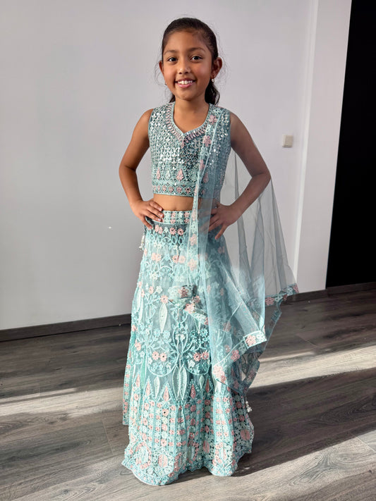 Mintgroene Lehenga met Spiegelborduurwerk