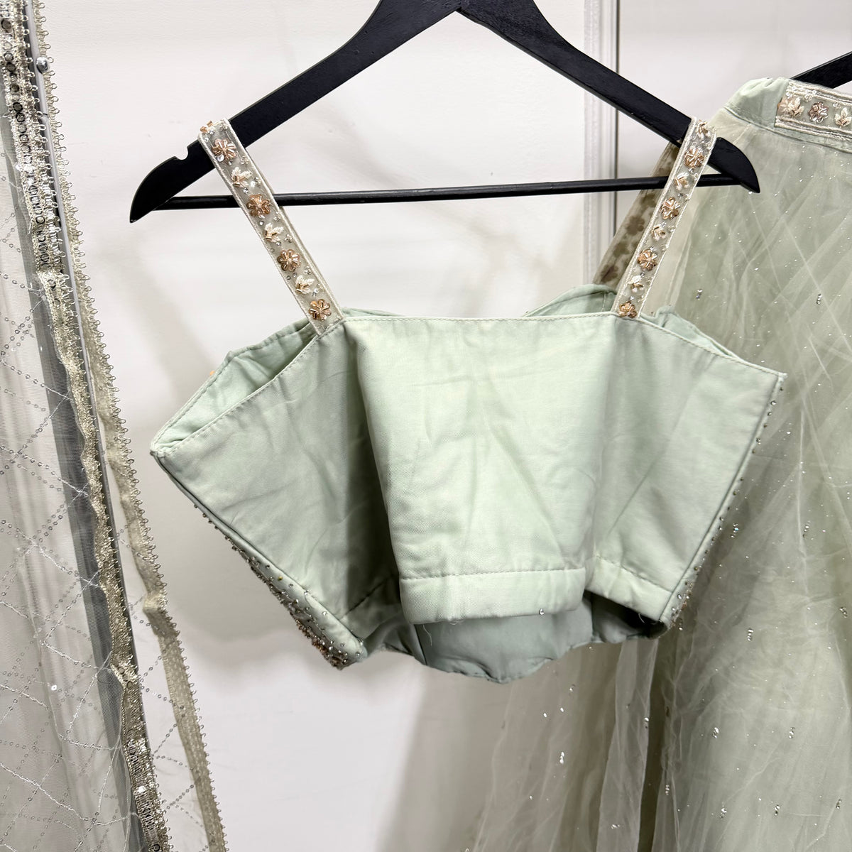 Ayla Sage Green Lehenga met Sparkle Details & Dupatta