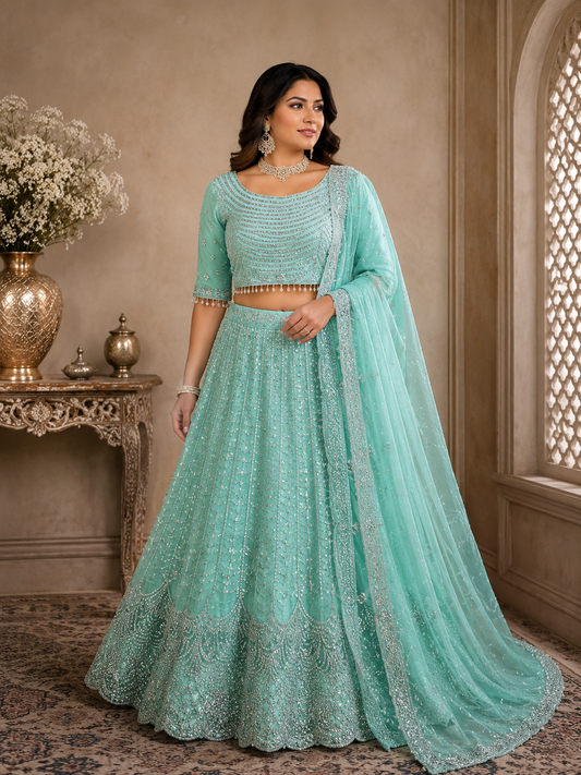 Turquoise Party Wear Lehenga with Dupatta Plus Size 46+