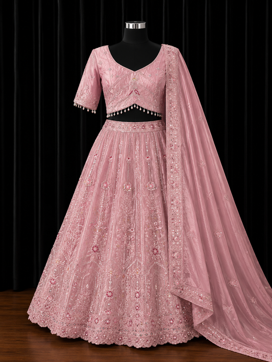Soft Pink Embroidered Lehenga Plus Size 46+