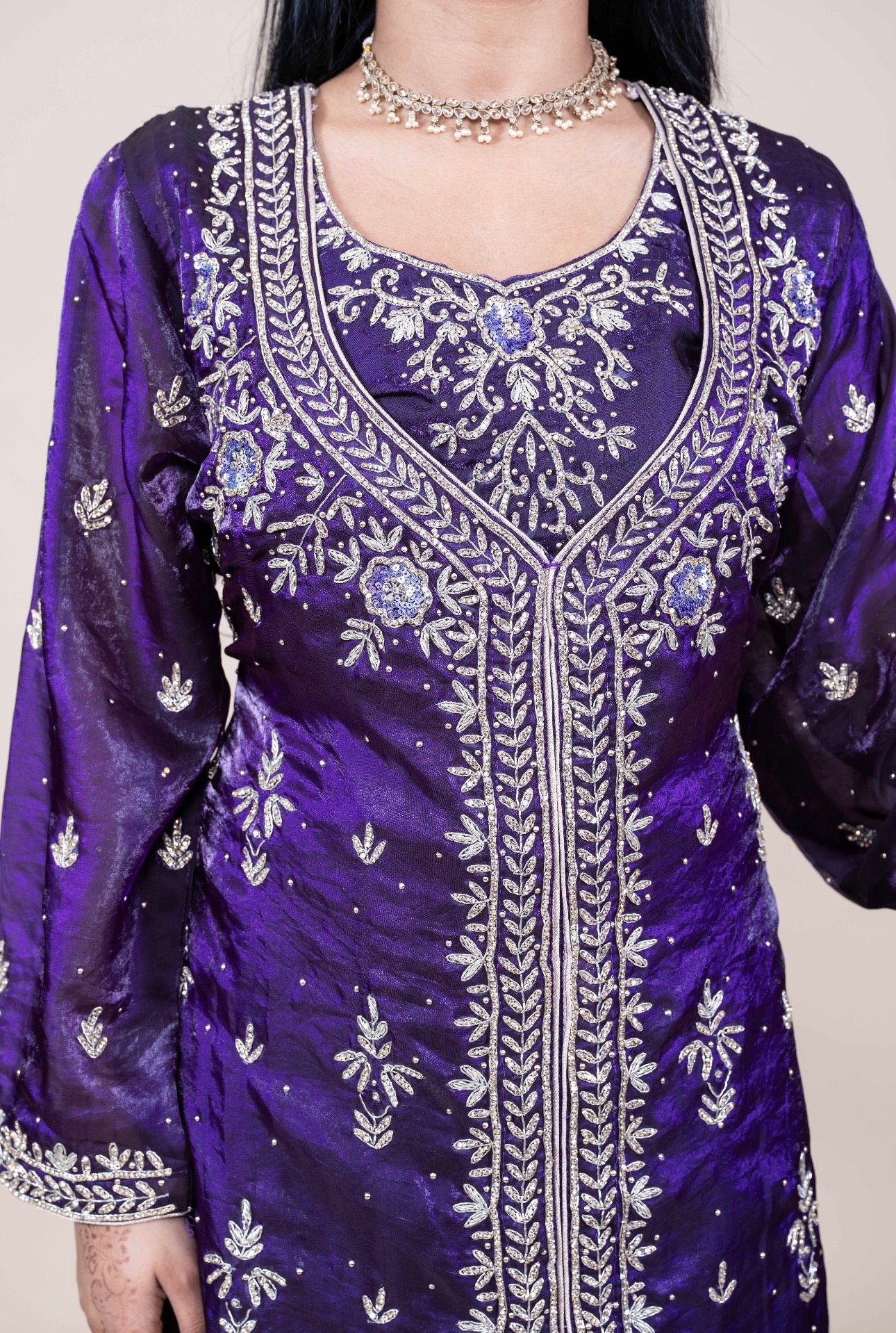 Luxe Anarkali met steentjes Set met Dupatta – Indiase Feestoutfit (Paars of Donkergroen)