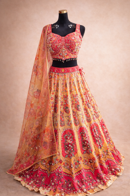 3D Lehenga Fuchsia-Goud – Luxe Traditionele Feestoutfit