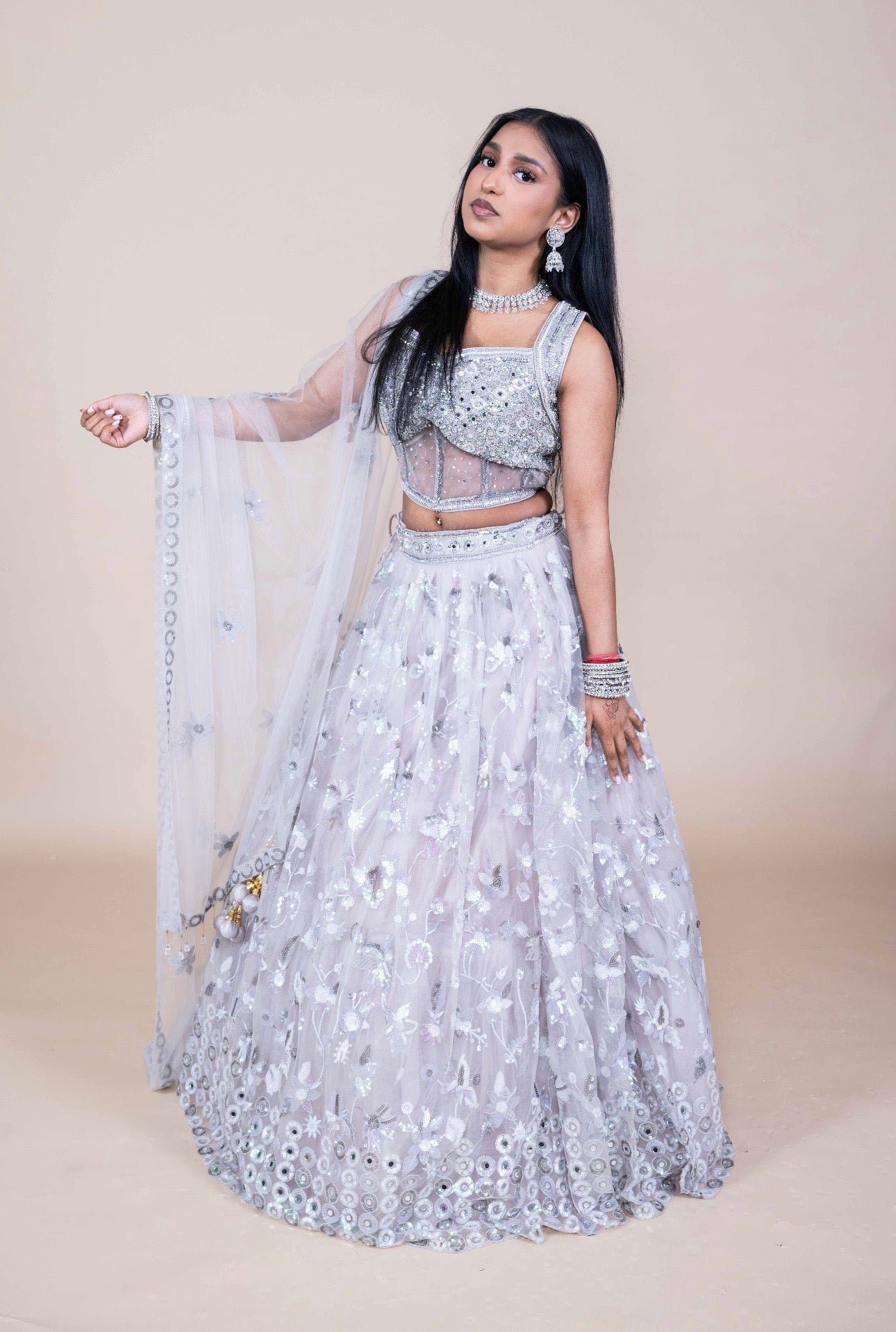 Luxe corset Lehenga Set met Dupatta – Indiase Feestoutfit (Grijs, Perzik of Mint)