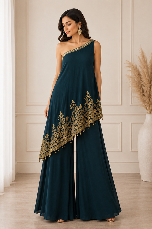 Midnight Blue One Shoulder Palazzo Set