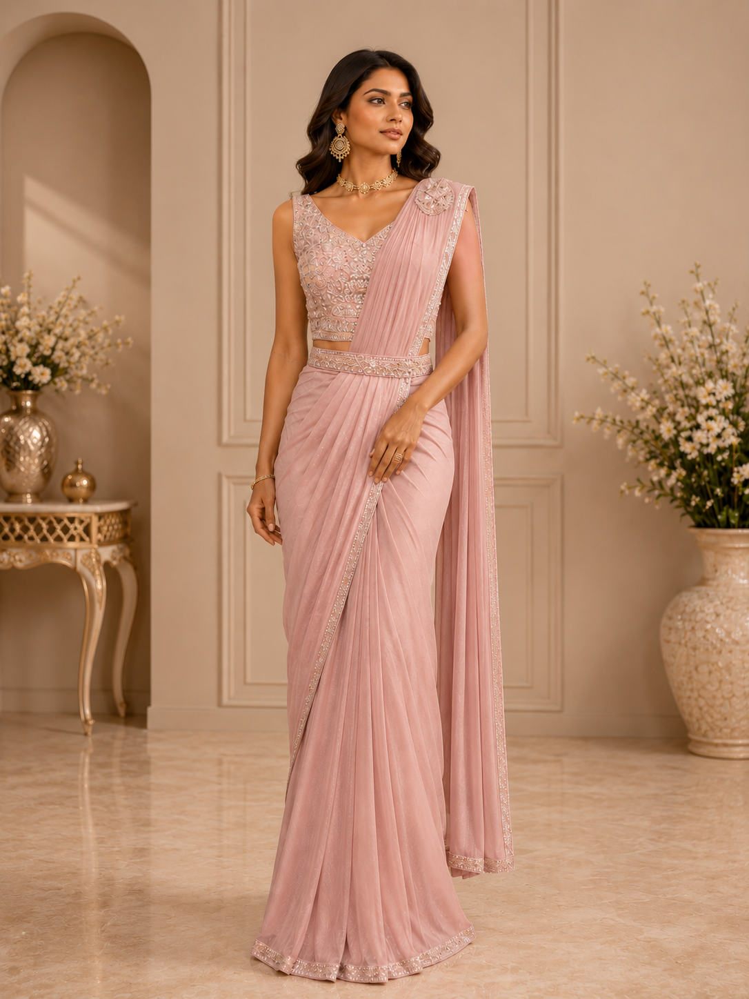 Blush Pink Embellished Saree for Weddings & Parties