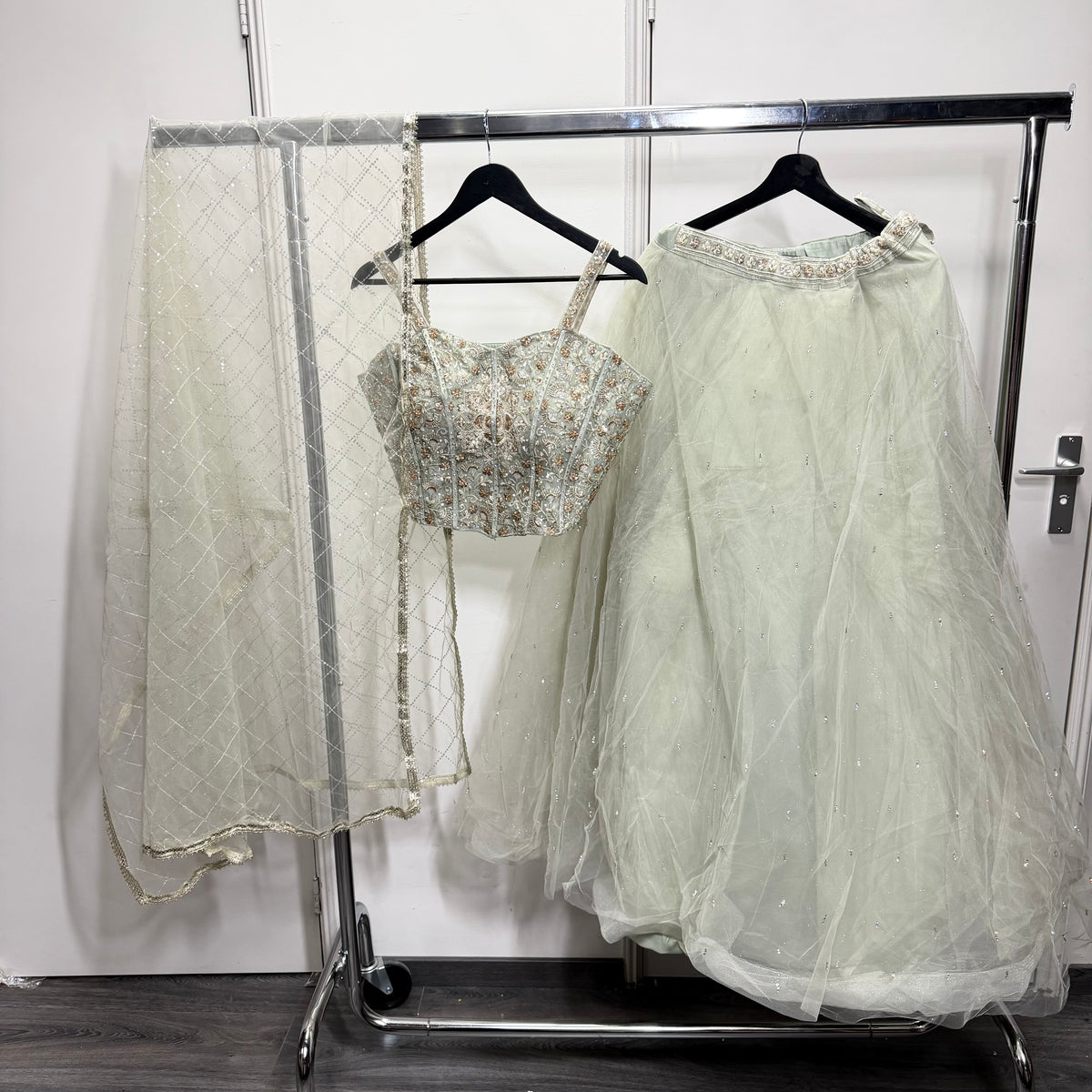 Ayla Sage Green Lehenga met Sparkle Details & Dupatta