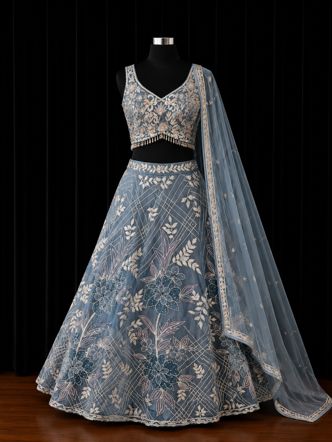 Dusty Blue Floral Embroidered Lehenga