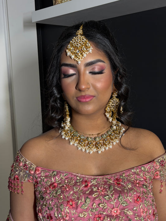 Klassieke Goud-Groene Kundan Kettingset met Parels