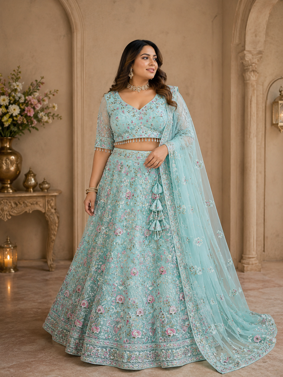Mint Floral Lehenga with Dupatta Plus Size 46+