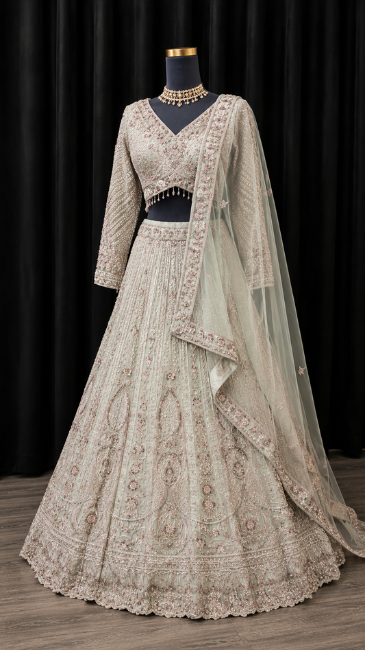 Mint Green Luxe Party Wear Lehenga met Sequins