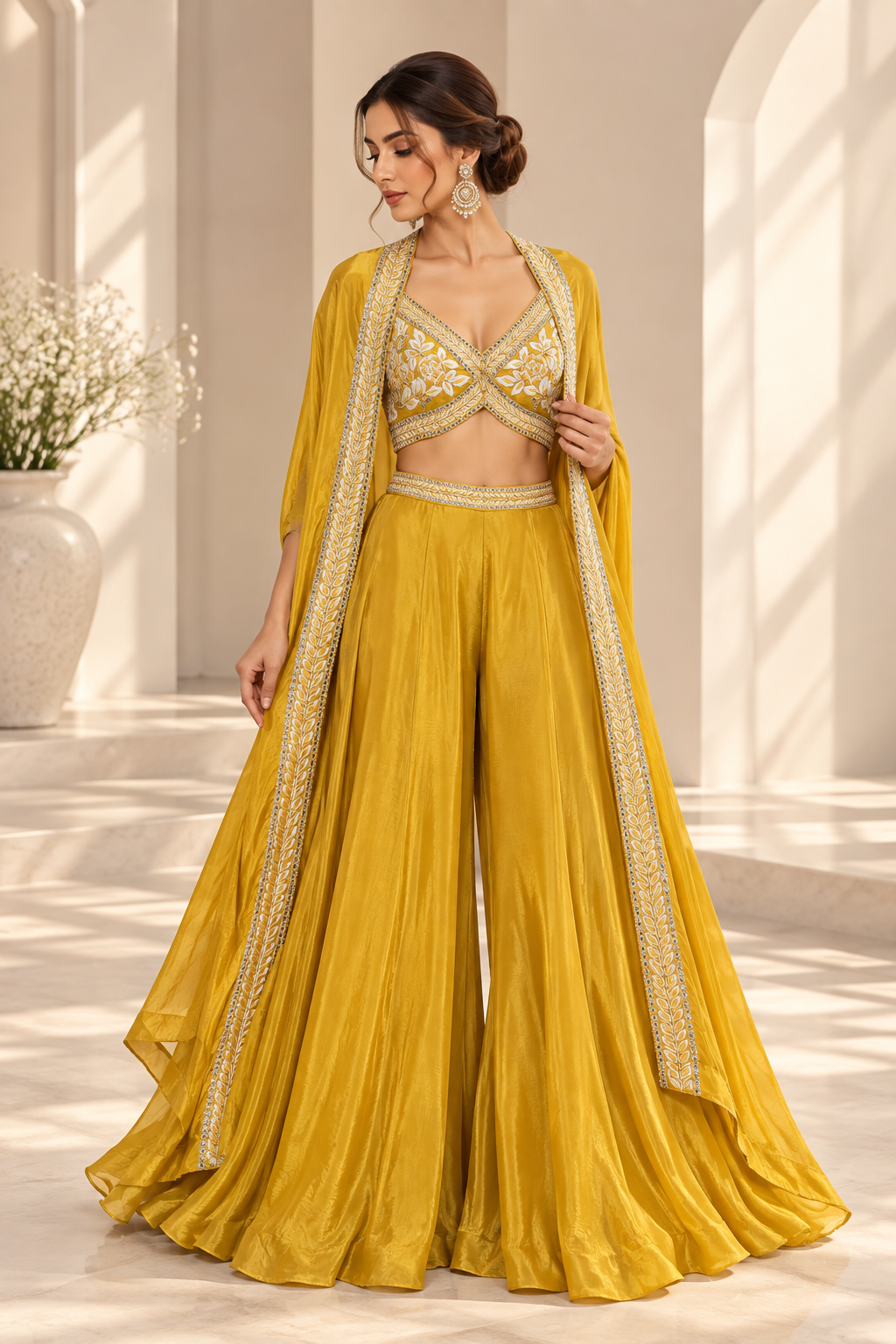 Noor Mustard Yellow Palazzo Set met Geborduurde Cape