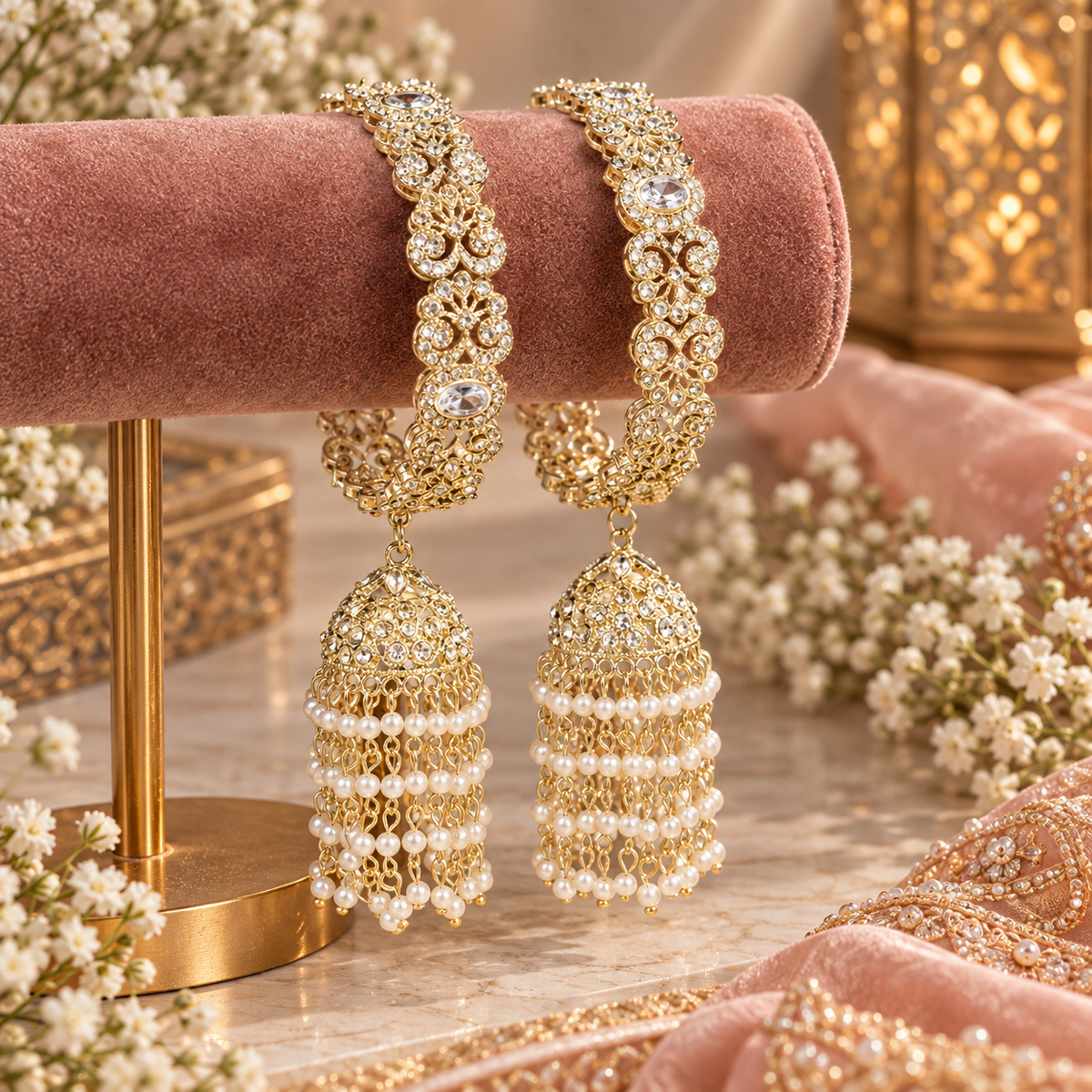 Meher Gouden Jhumka Armband met Parels & Stenen