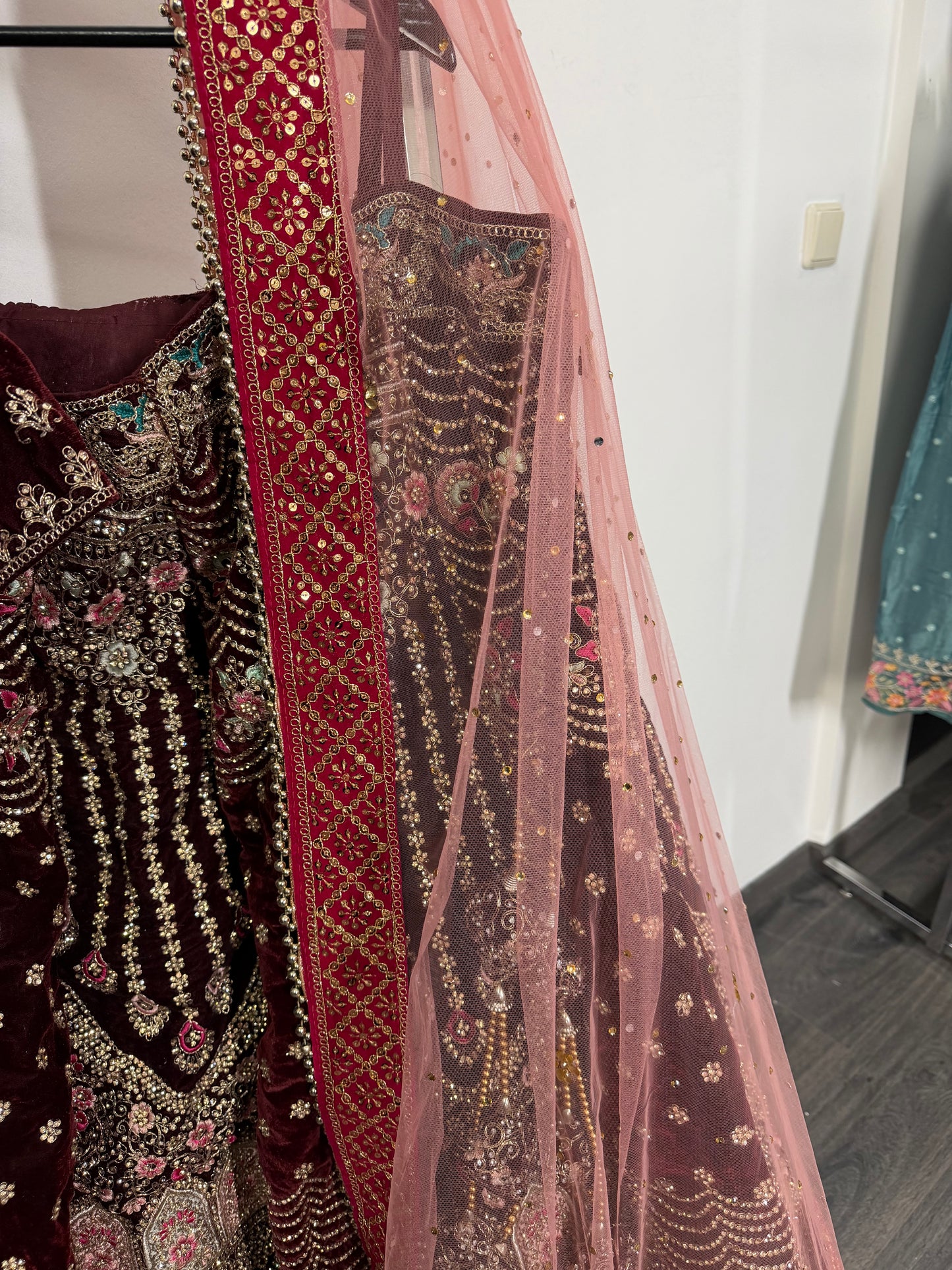 Maroon Velvet Embroidered Lehenga