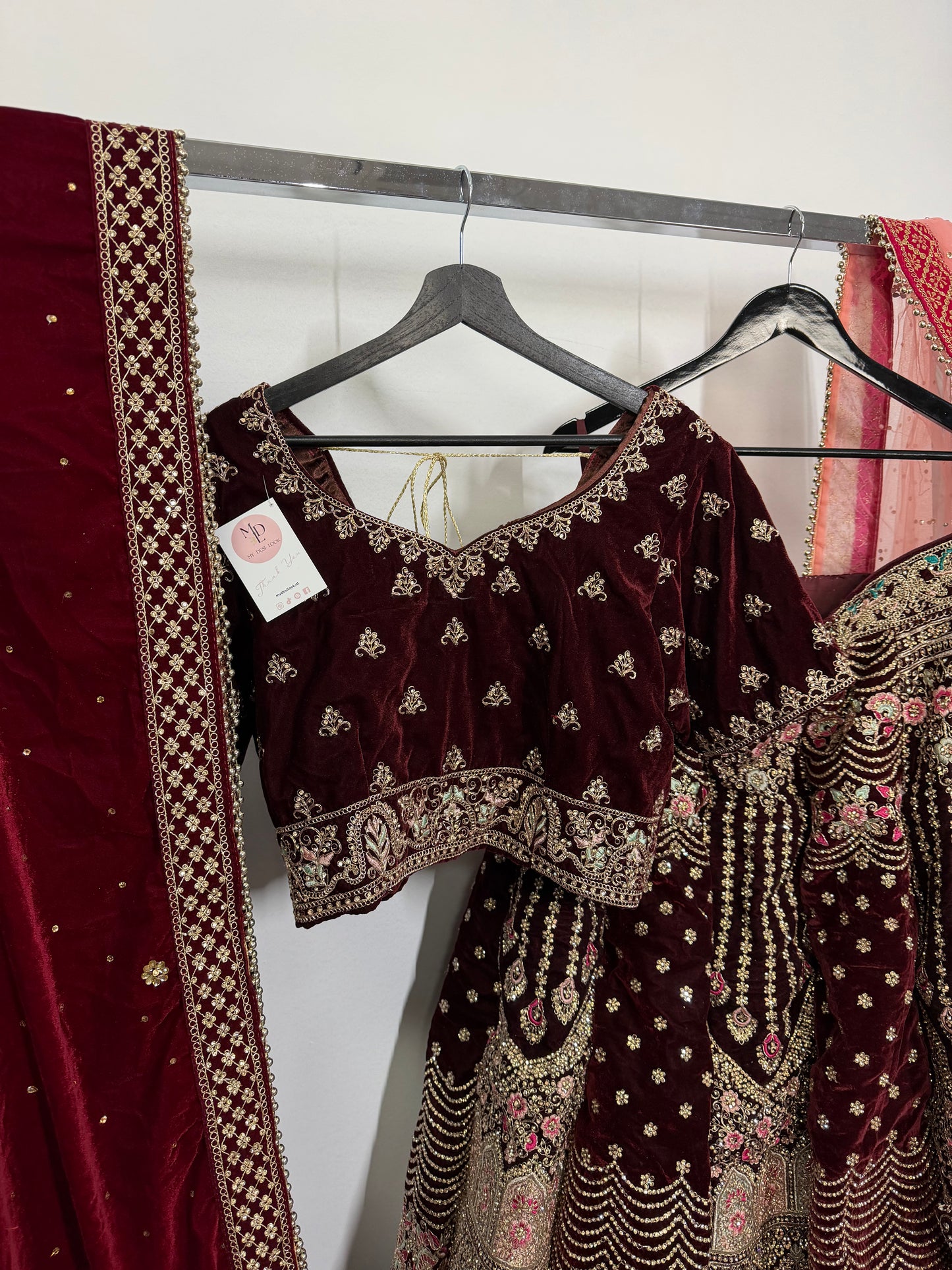 Maroon Velvet Embroidered Lehenga