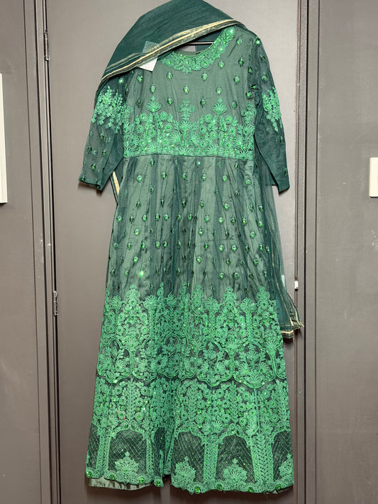 Donkergroene Feestjurk met Borduurwerk
