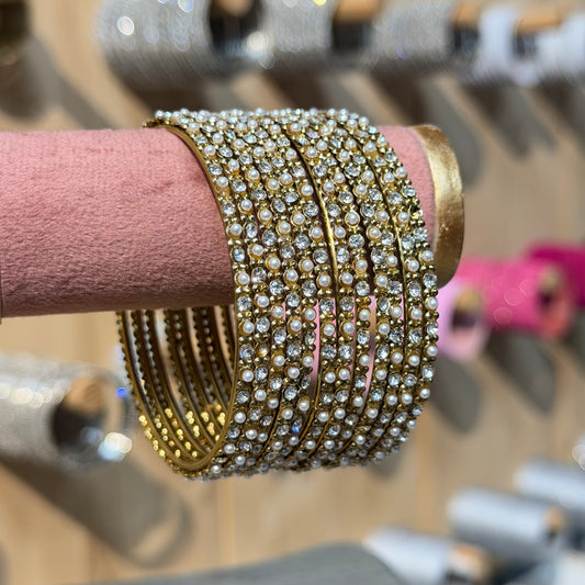 Pearl Sparkle Bangles Goud – Set van 12 Luxe Armbanden met Parels