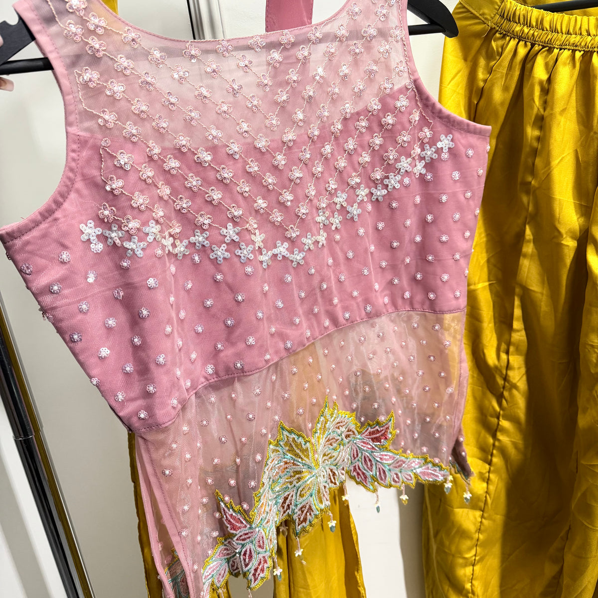 Meera Pink & Mustard Palazzo Set met Geborduurde Top