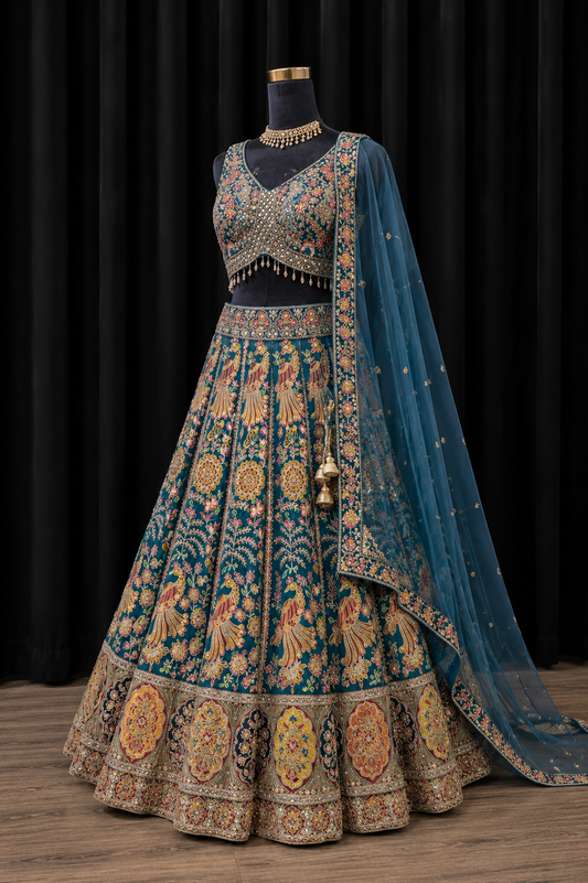 Peacock Blue Floral Party Wear Lehenga