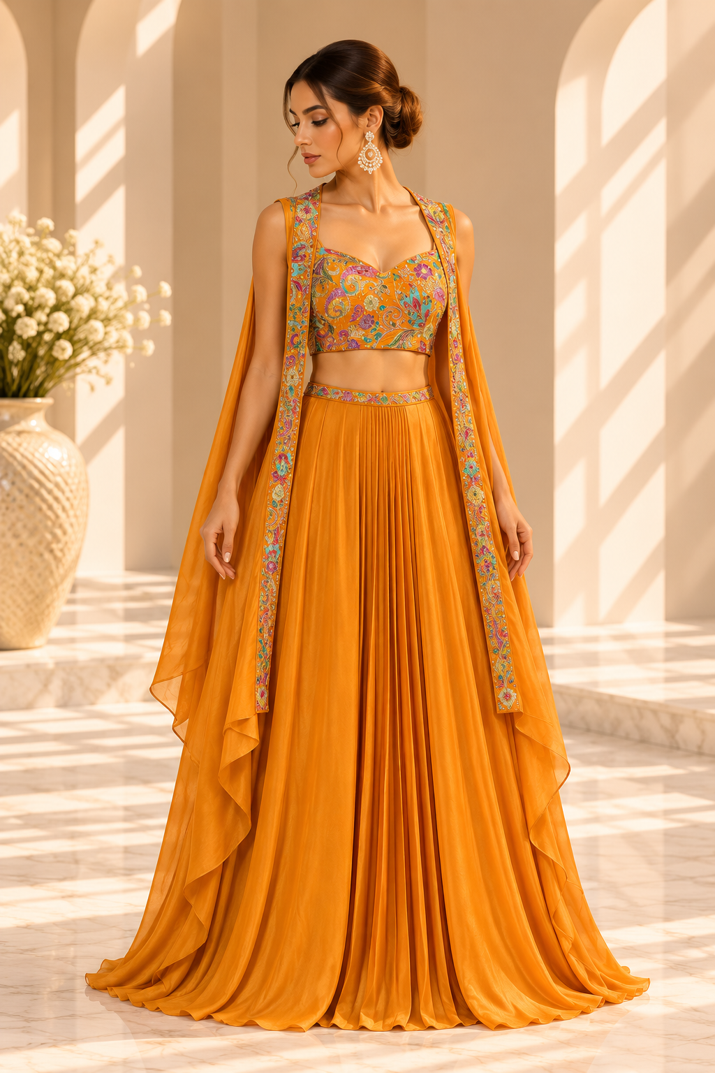 Kiara Orange Lehenga Set met Kleurrijk Borduurwerk & Cape
