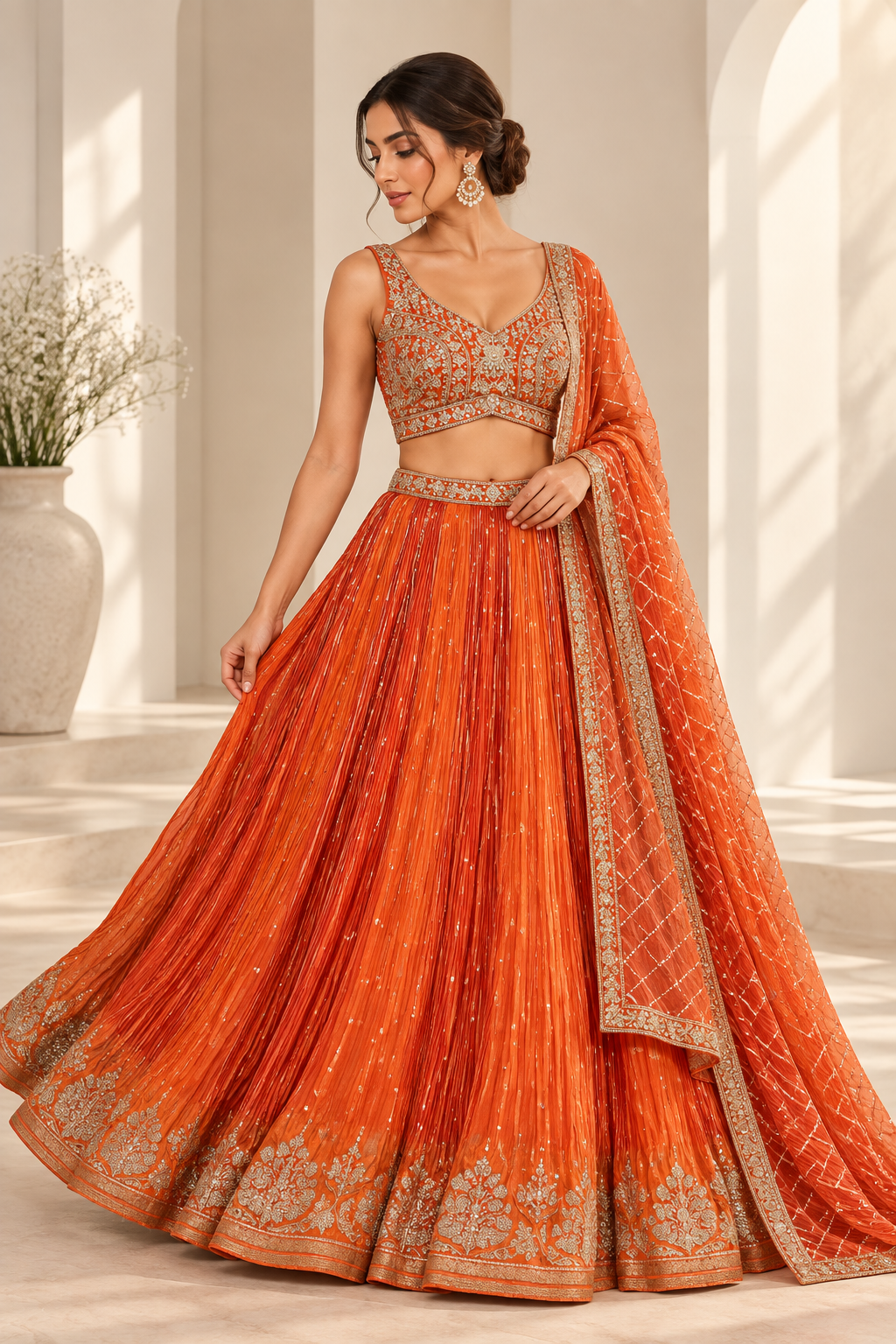 Riya Orange Lehenga met Goudkleurig Borduurwerk