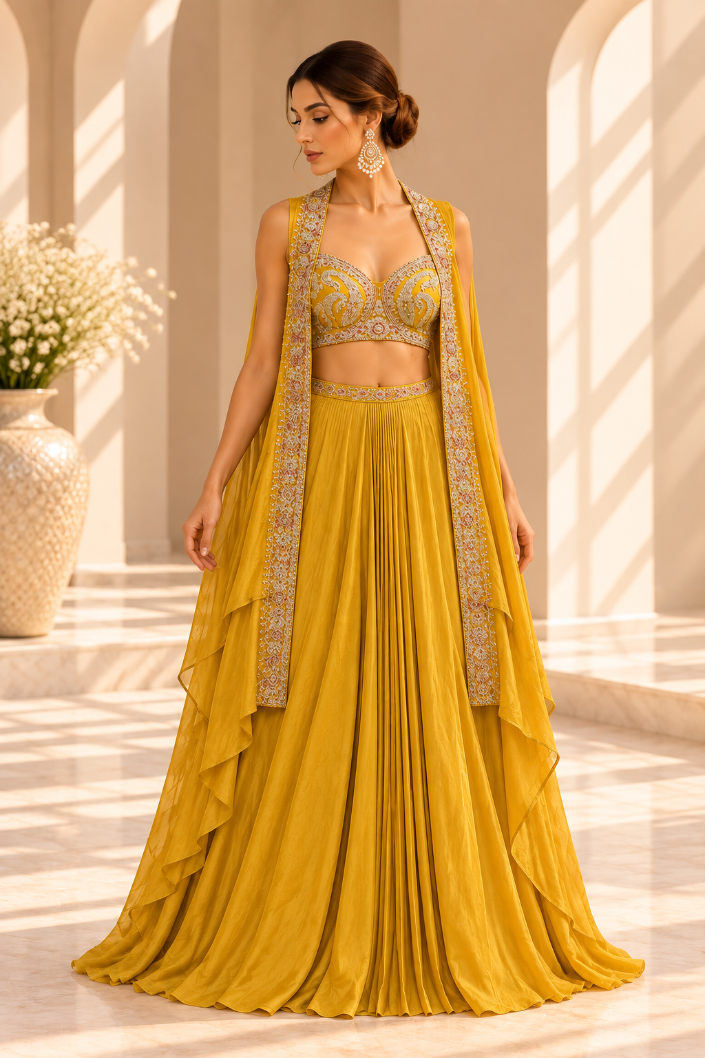 Zoya Mustard Gold Lehenga Set met Luxe Geborduurde Cape
