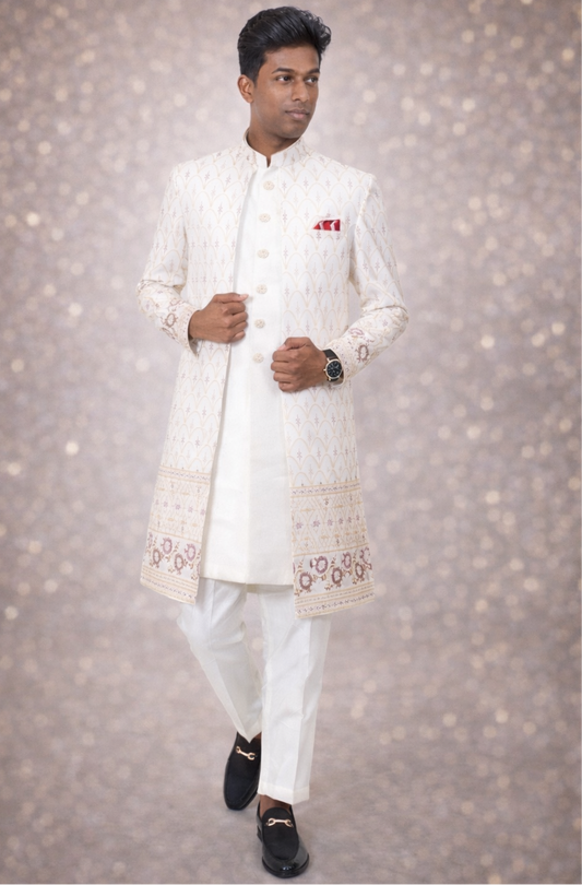 Witte sherwani met goudpatroon - Indiase heren kleding