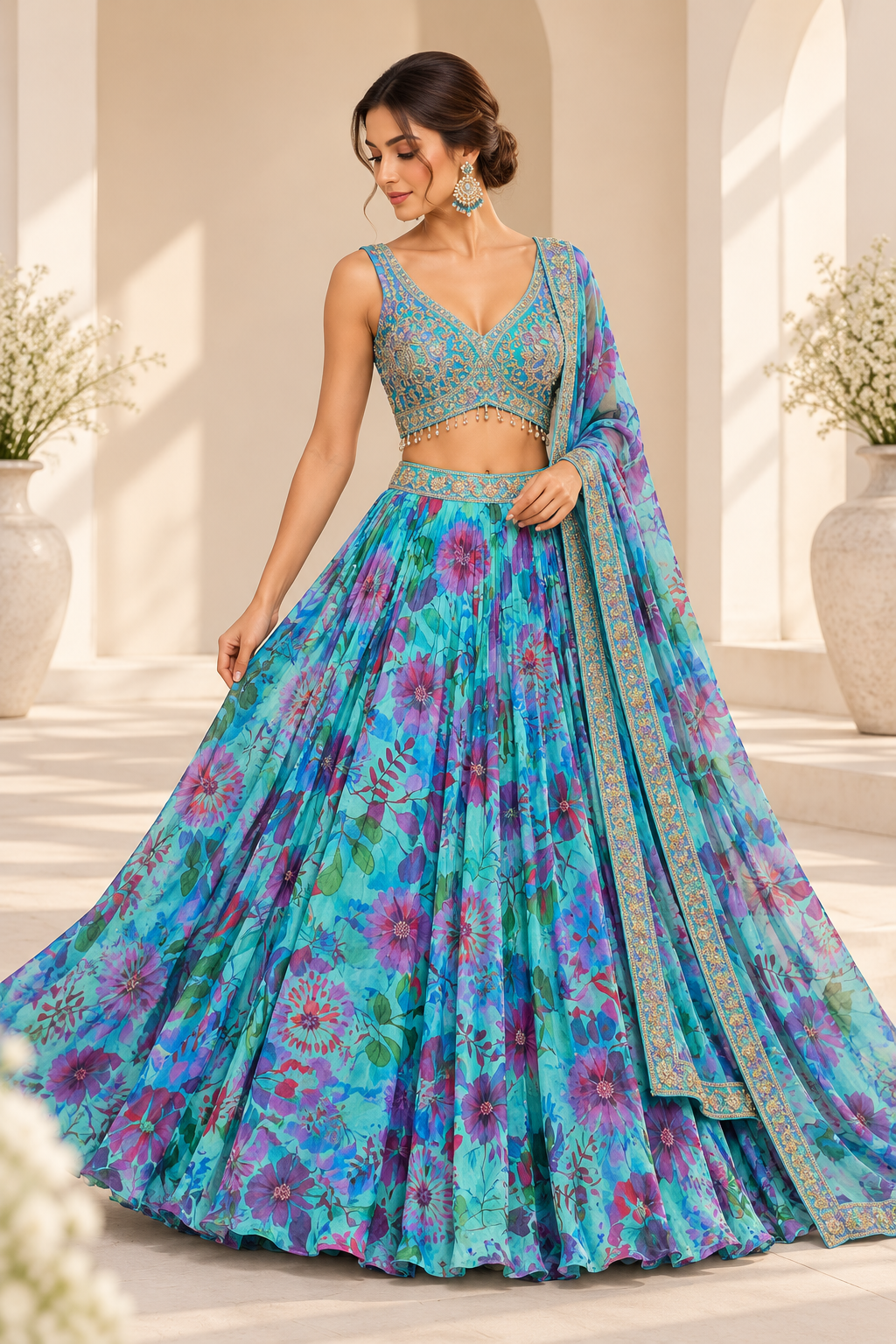 Kiara Turquoise Floral Lehenga met Luxe Borduurwerk
