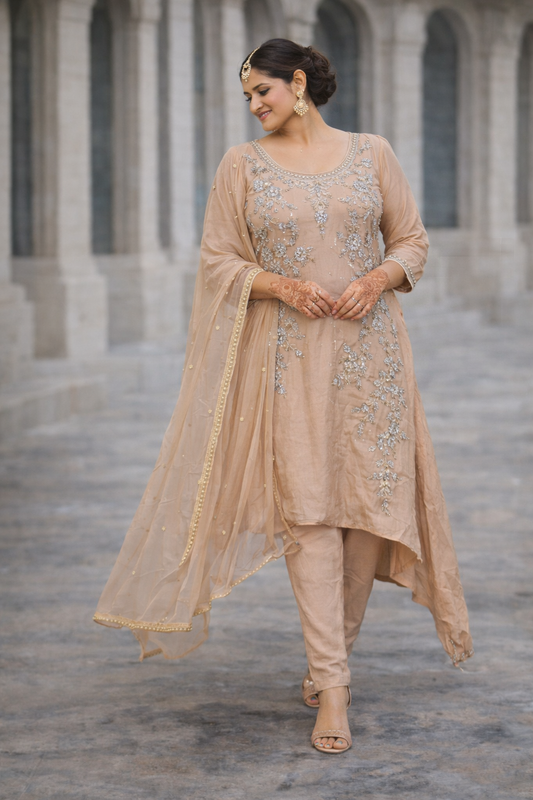 Nude Straight-Cut Suit met Zilveren Embroidery Salwar