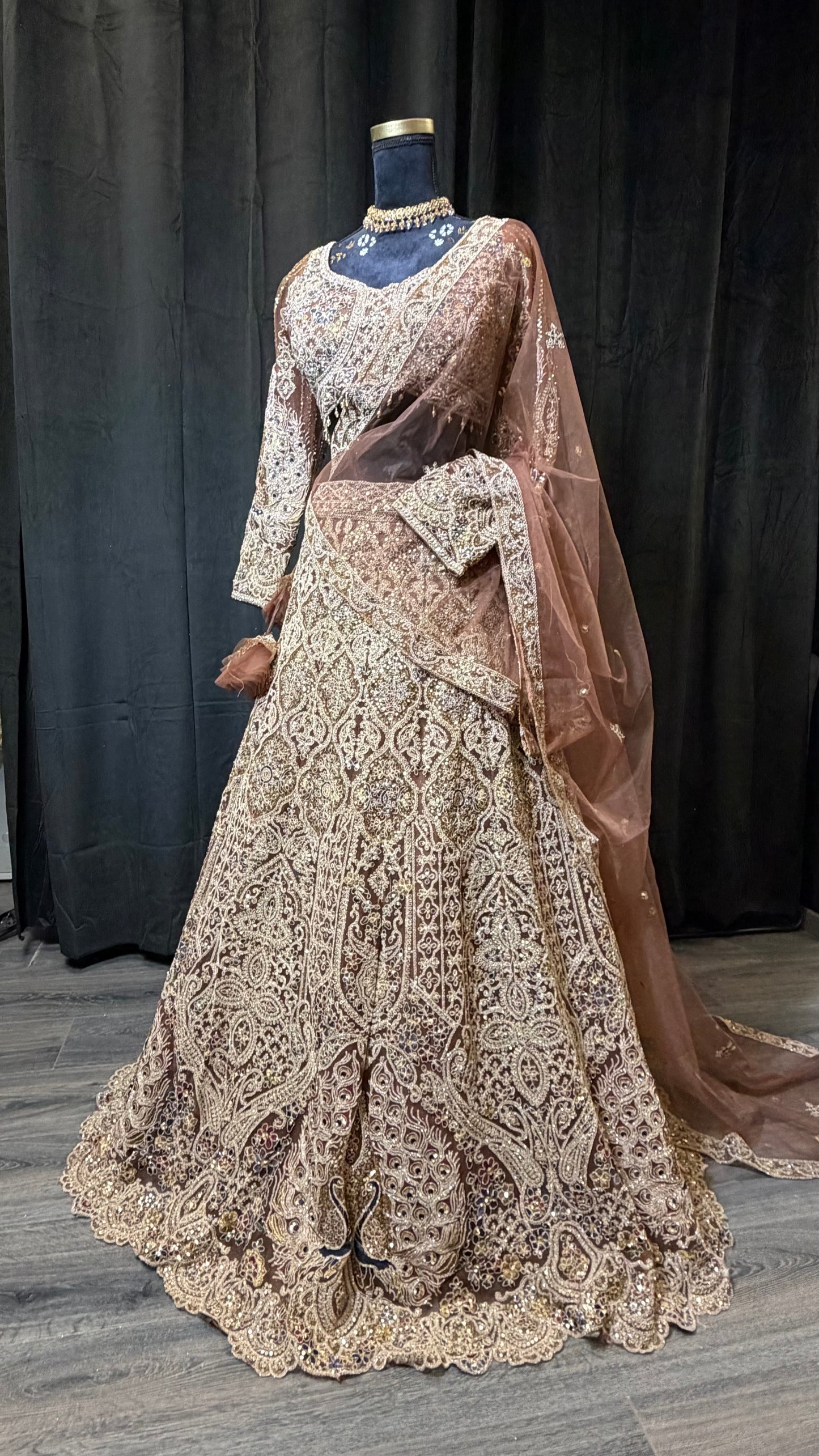 Nude Champagne Party Wear Lehenga met Luxe Embroidery