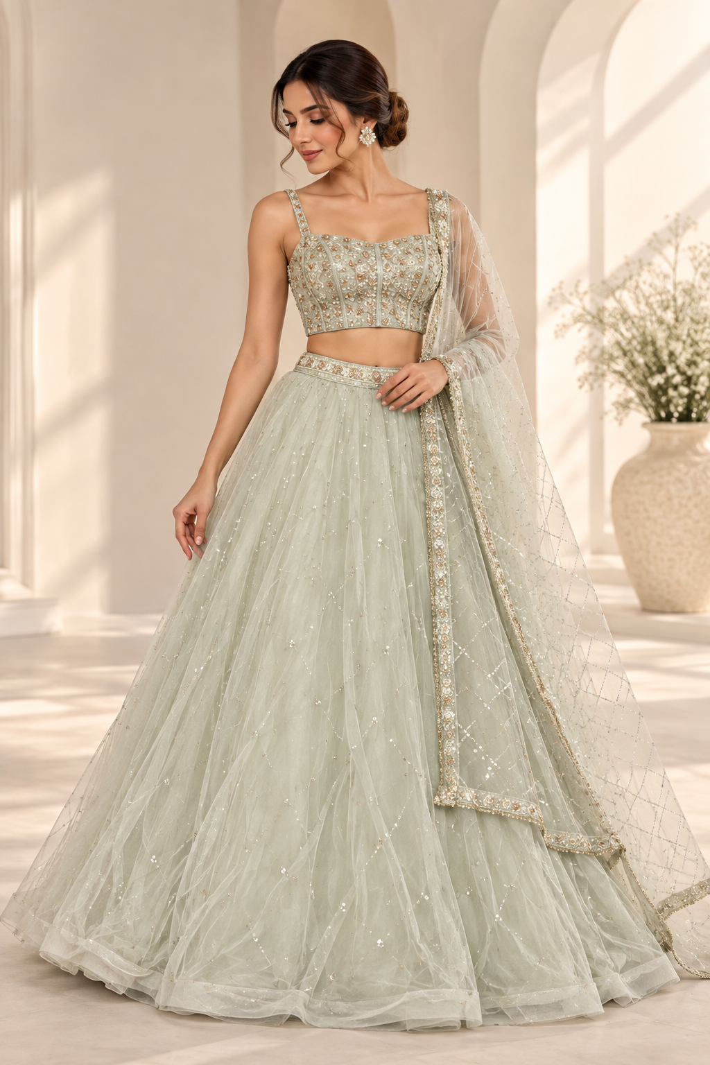 Ayla Sage Green Lehenga met Sparkle Details & Dupatta