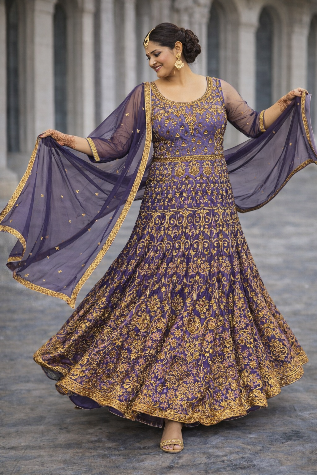 Paars-Gouden Anarkali Set met Dupatta