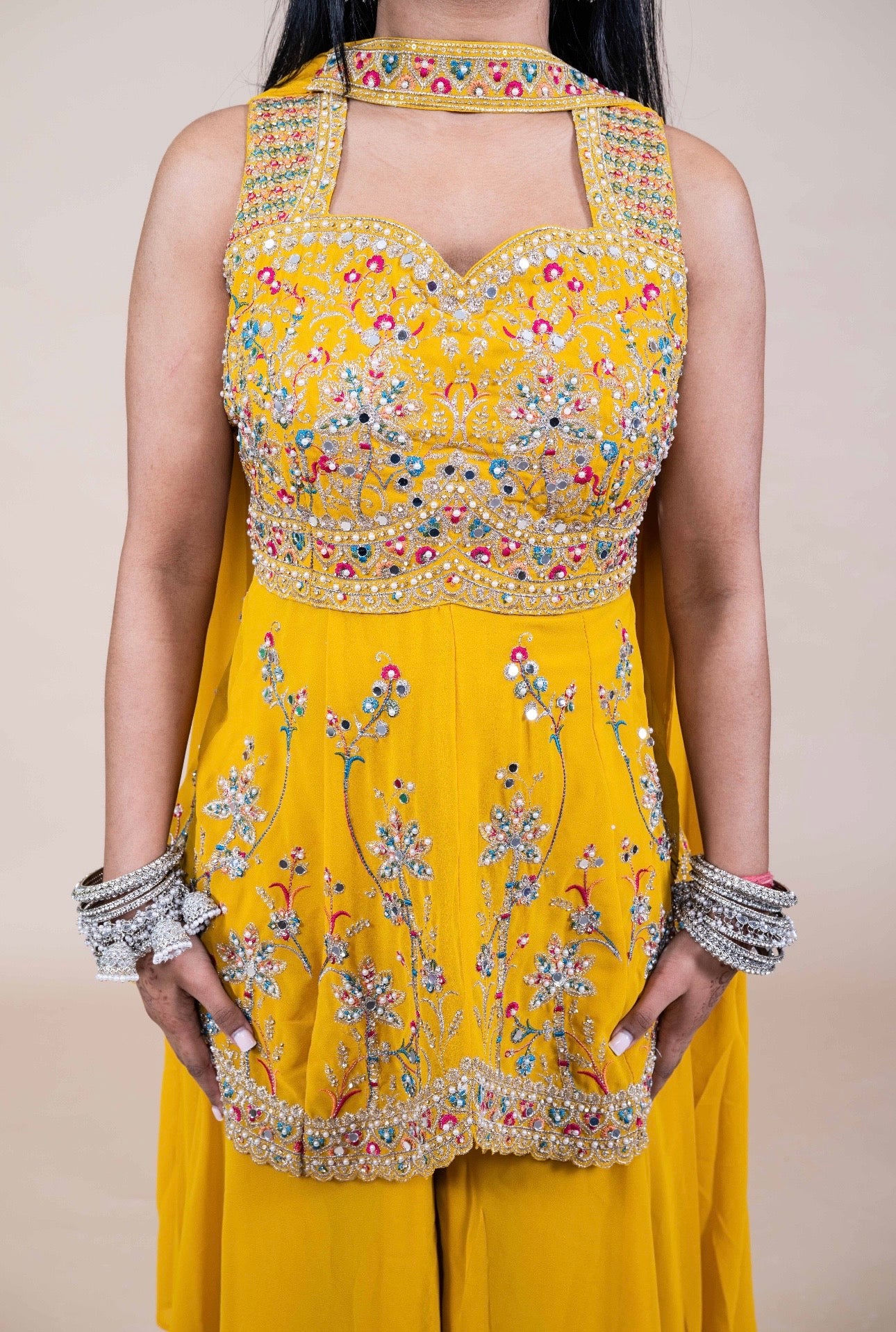 Geborduurde Palazzo Set met Dupatta – Indiase Feestoutfit (Geel of Blauw)