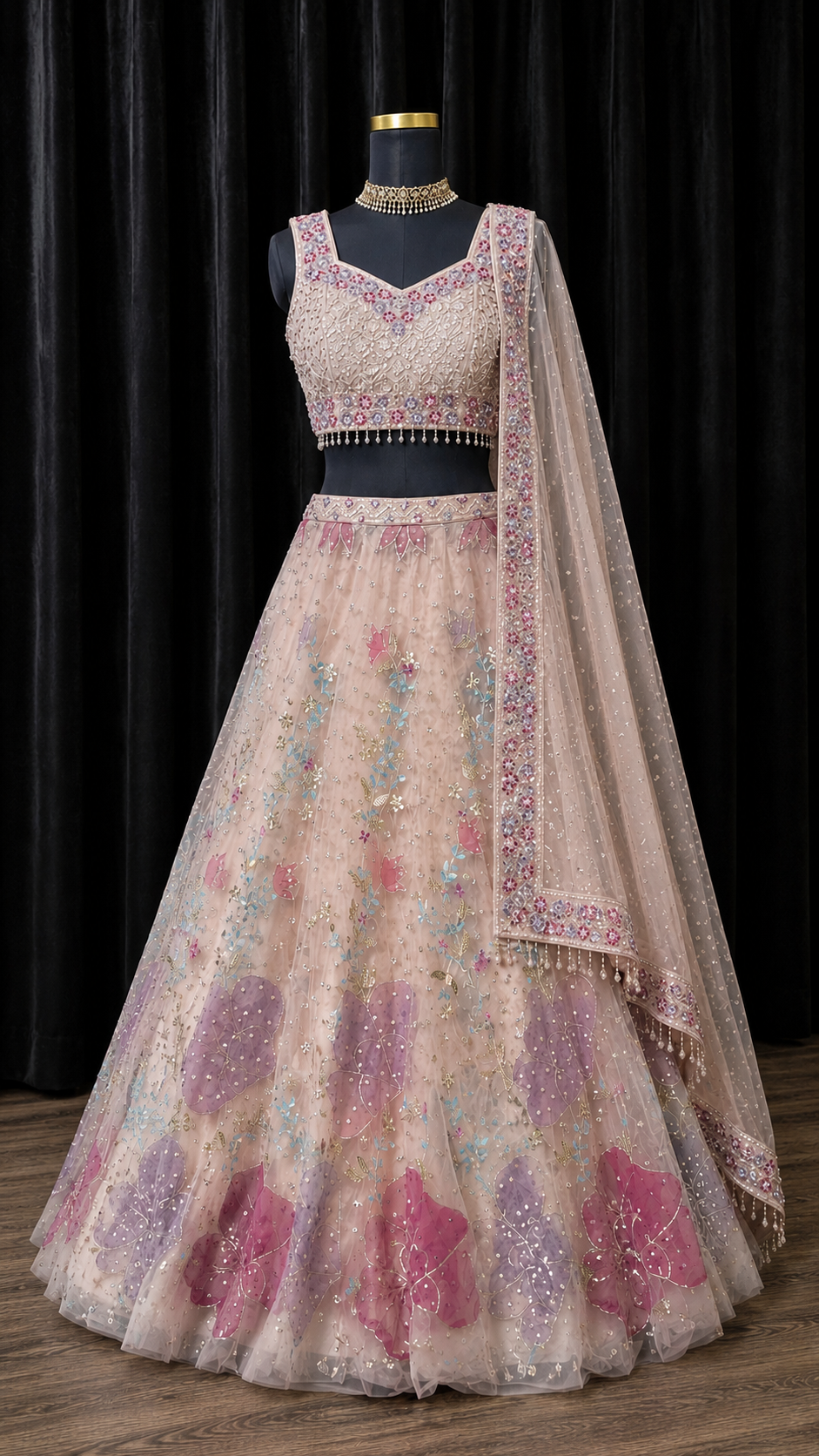 Pastel Floral Party Wear Lehenga met Luxe Embroidery