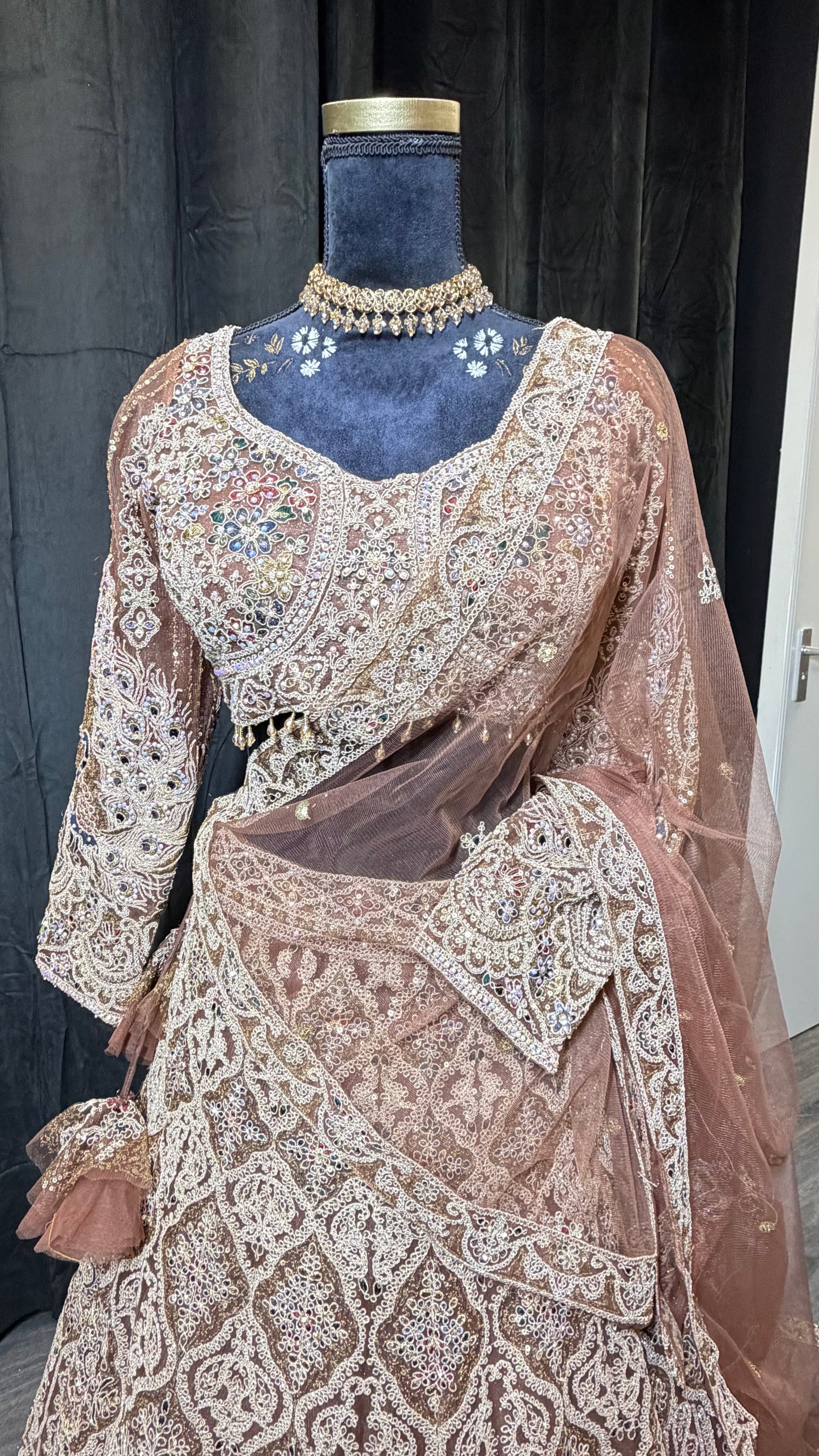 Nude Champagne Party Wear Lehenga met Luxe Embroidery