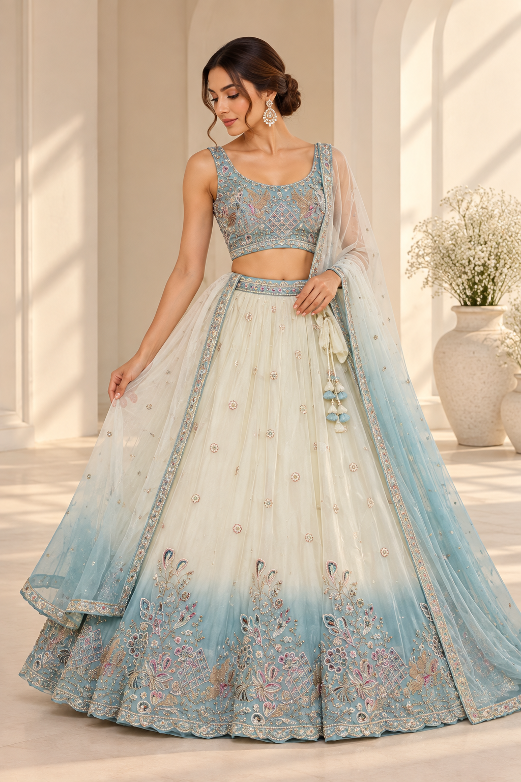Meher Ivory Blue Ombre Lehenga met Borduurwerk