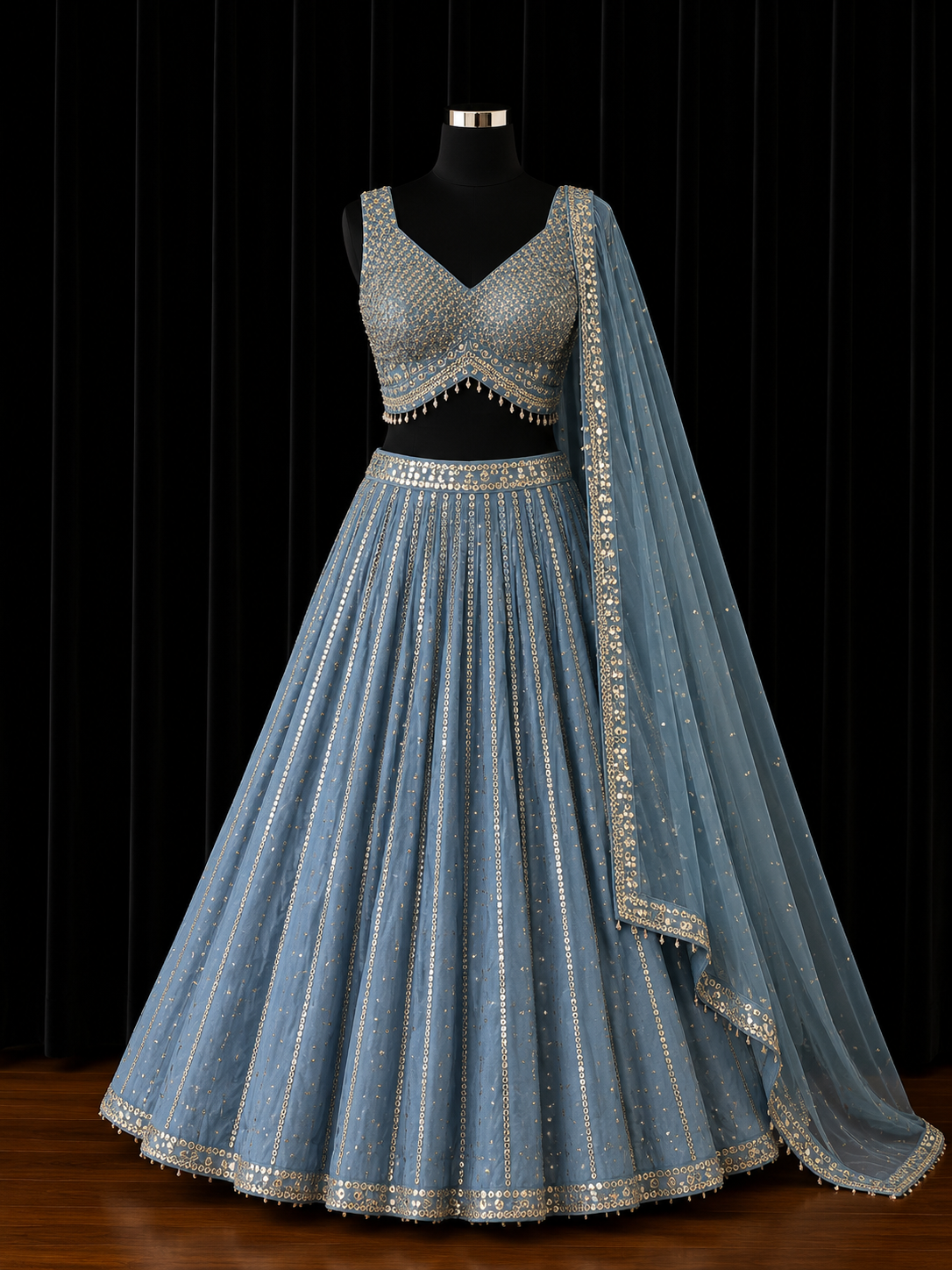 Steel Blue Sequins Designer Lehenga