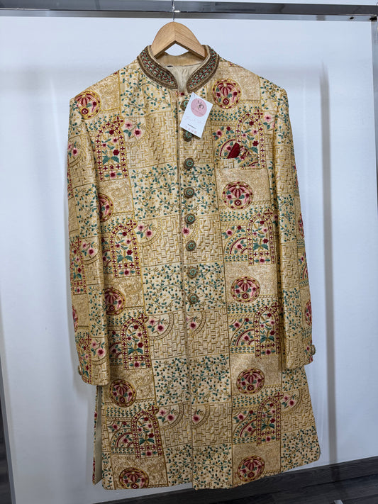 Beige Sherwani met Patchwork Embroidery