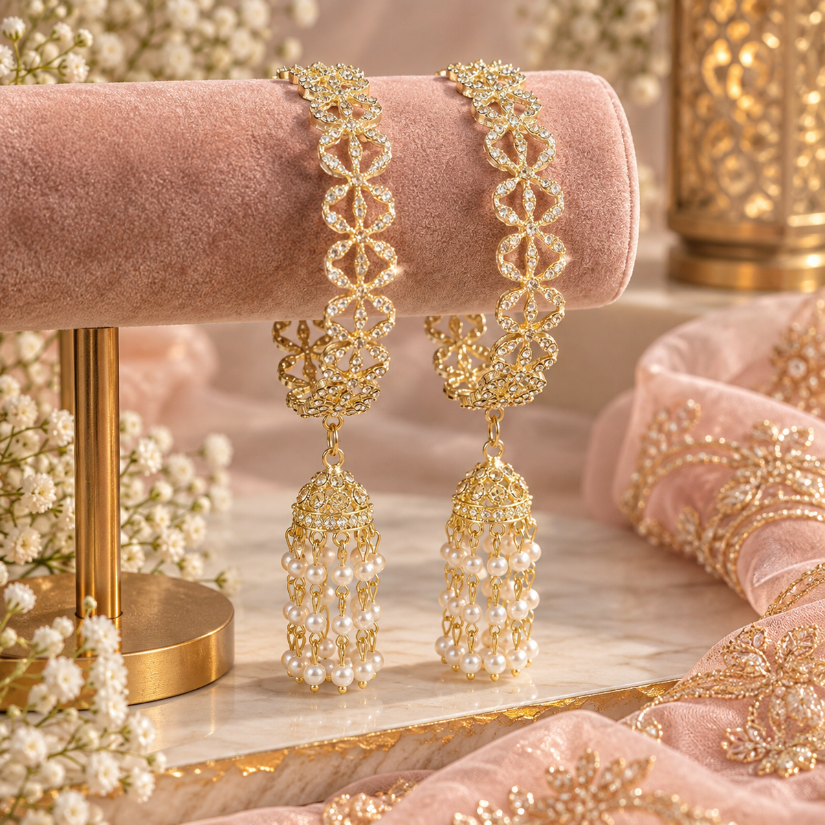 Zoya Gouden Jhumka Armband met Kristallen & Parels