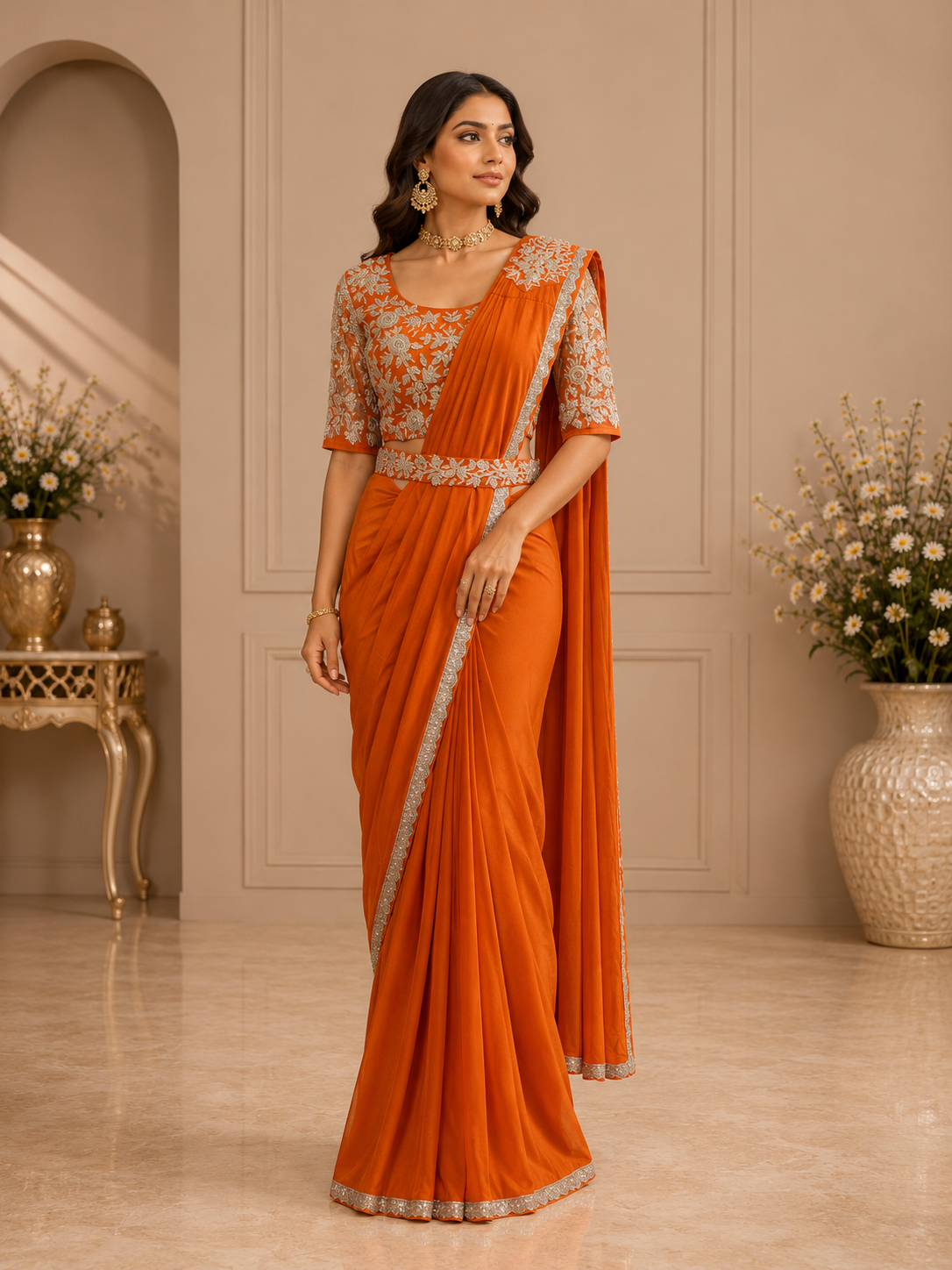 Burnt Orange Embroidered Saree with Designer Blouse