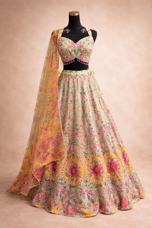 3D Floral Lehenga Set Geel-Groen – Luxe Feestoutfit met Dupatta