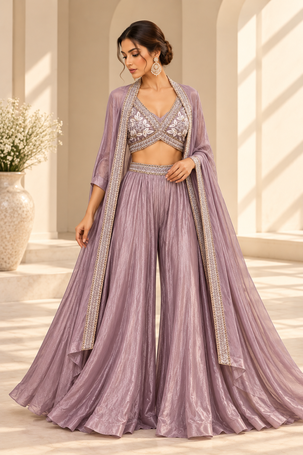 Elara Lilac Palazzo Set met Geborduurde Top & Cape