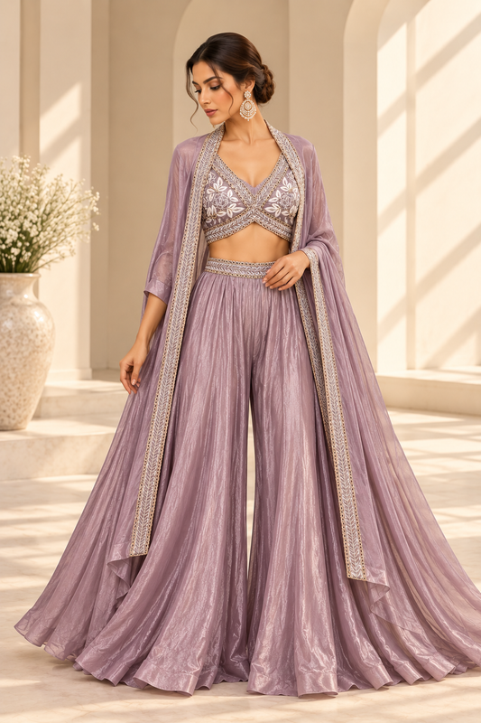 Elara Lilac Palazzo Set met Geborduurde Top & Cape