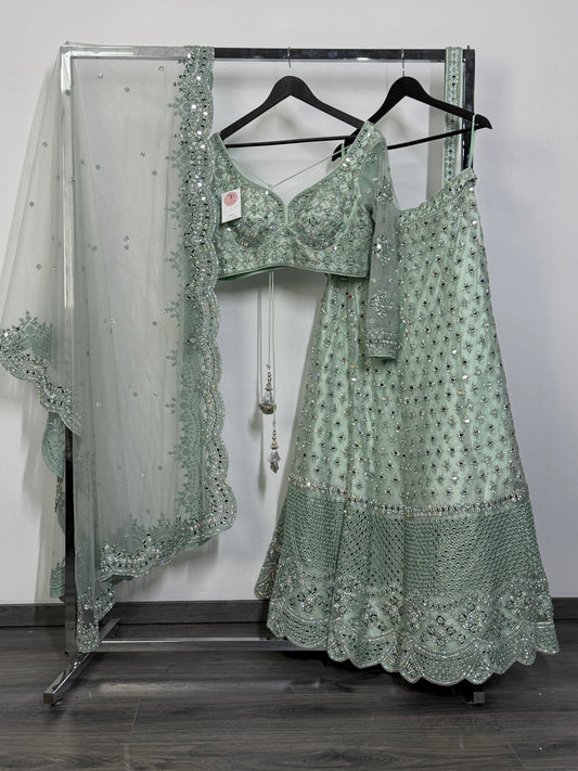 Mintgroene Glitter & Stonework Lehenga
