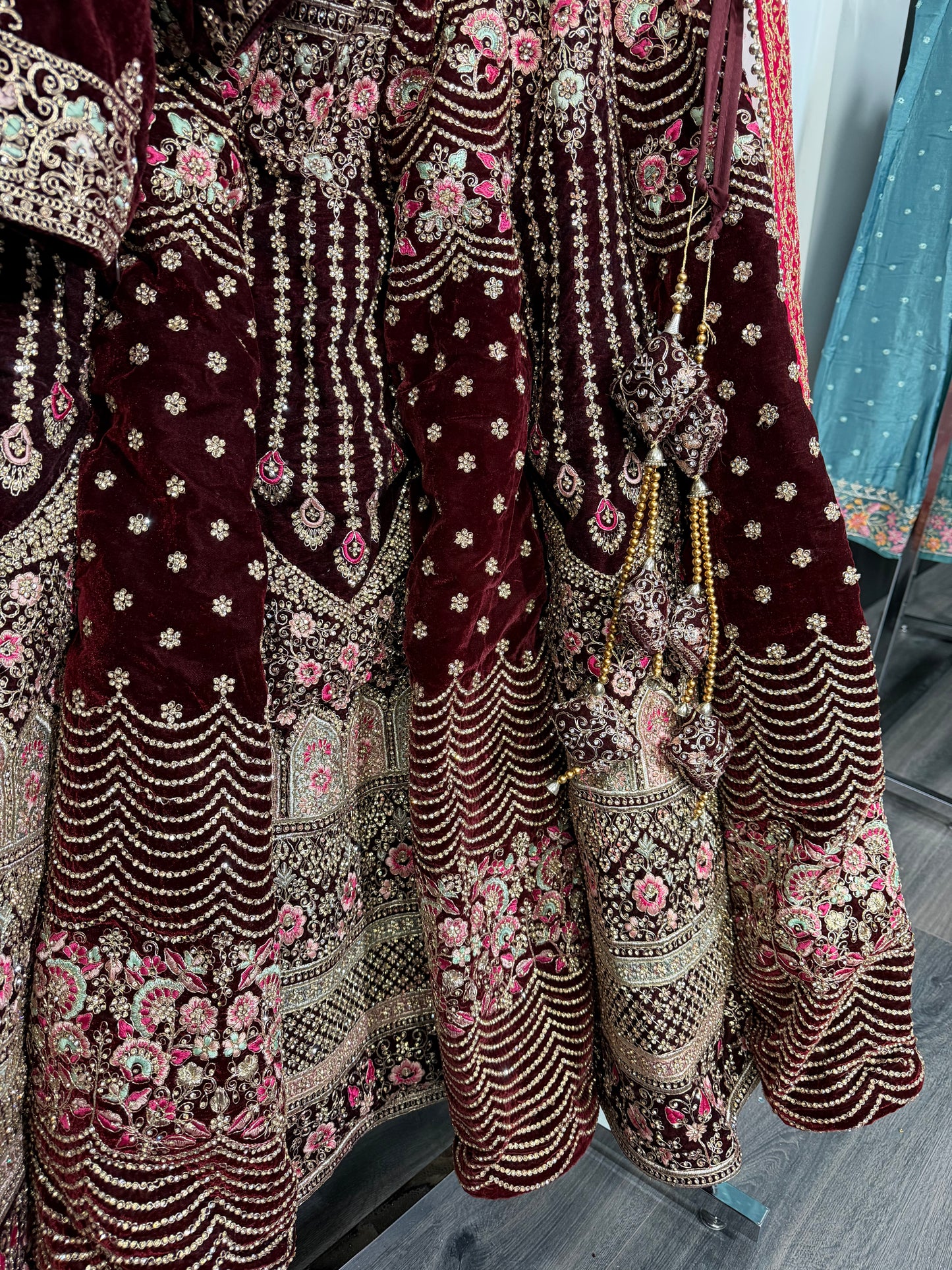 Maroon Velvet Embroidered Lehenga